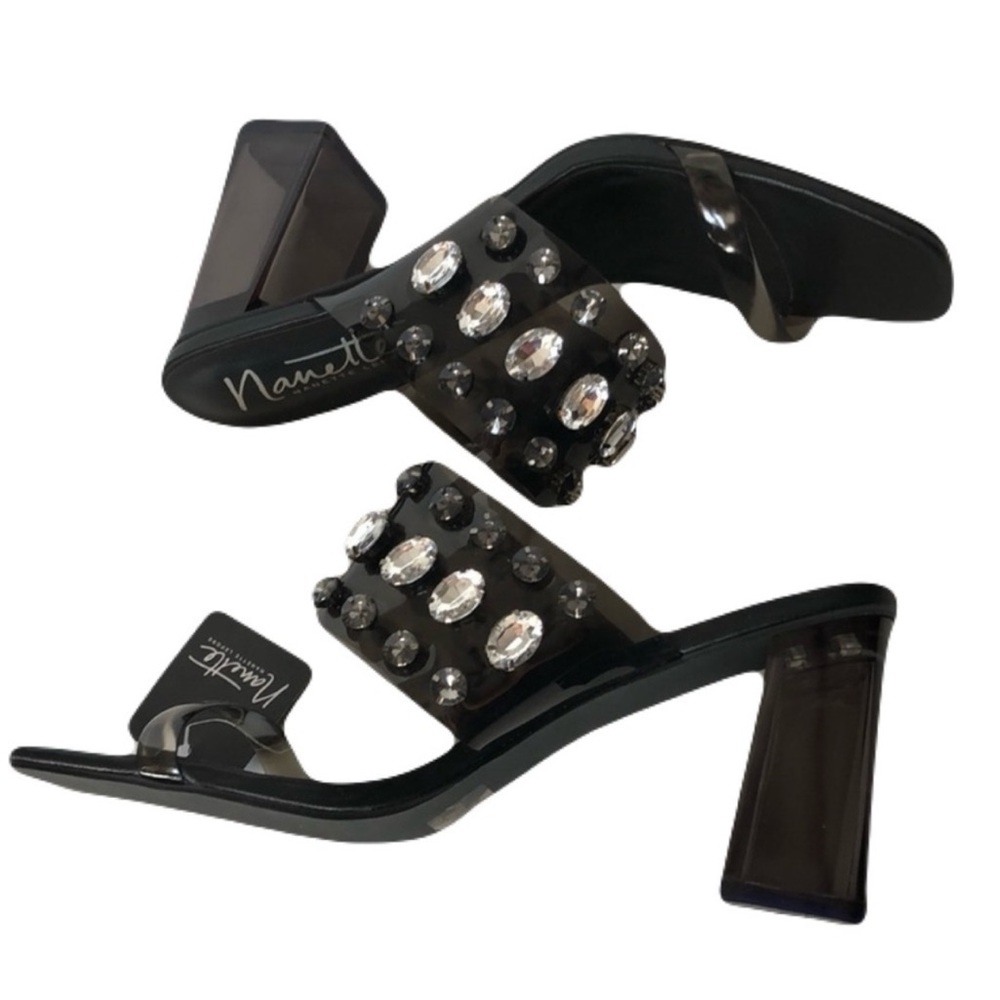 Nanette Lepore Black Jewel Embellished Block Heel Sandals